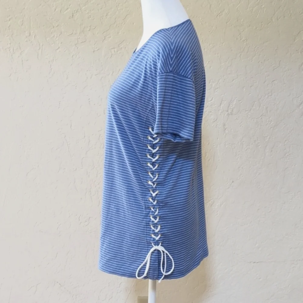 J. Crew Sky Blue/White Striped Side Lace Up Tunic Cotton T-Shirt Size Small